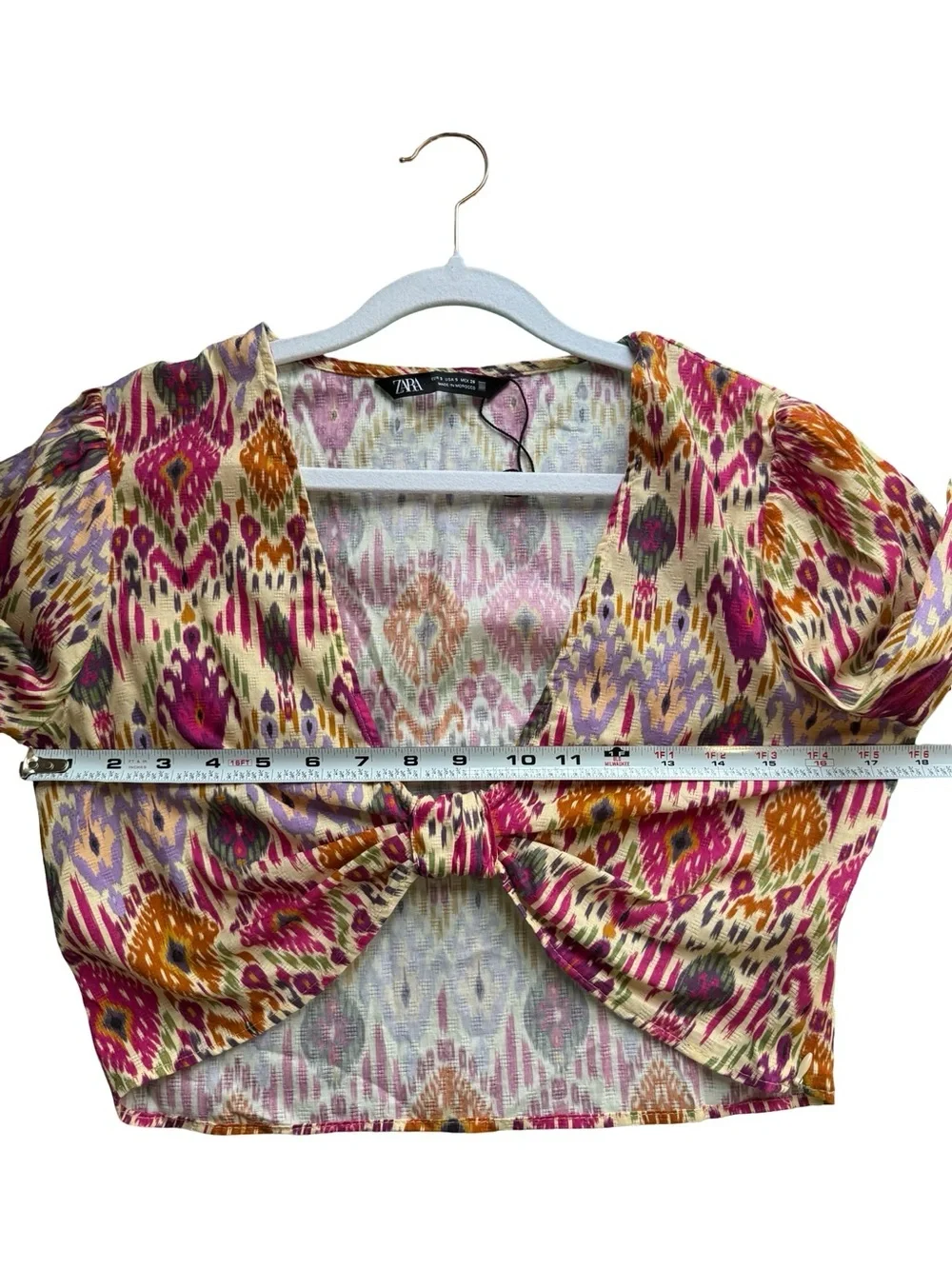 Zara Multicolor Ikat Tie-Front Long Sleeve Crop Top Size S Boho Y2K Festival - Picture 6 of 10